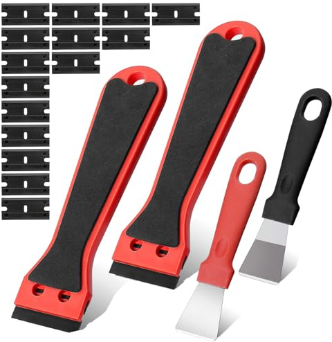 Annickee 2 Pezzi Raschietto Plastica Riutilizzabile, con 2 Metallico Raschietto 150 Lame di Plastica, Spatola Antigraffio per Vetro, Piano Induzione, Forno, Rimuove Adesivi Auto