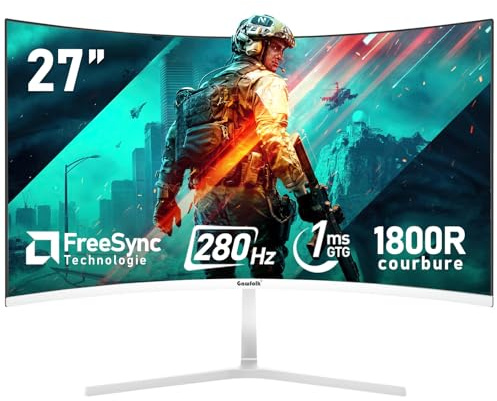 Gawfolk PC-Monitor, 27 Zoll, gebogen, 280 Hz, Gaming Computer, Monitor, 1800R, 1 m, FHD 1080p, 178 ° Weitwinkel, Ultra – dünn, Lünette, HDMI, DisplayPort, kompatibel mit Wandmontage 100 x 100 mm, Weiß