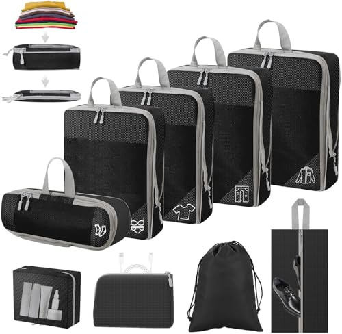 Kixolo 9-teiliges Packing Cubes Compression Set, Koffer Organizer, Packwürfel, Wasserdicht, für Handgepäck, Koffer und Rucksack (Schwarz)
