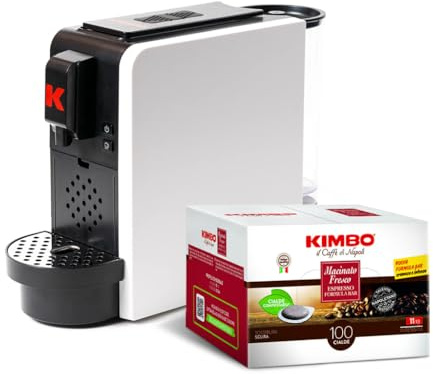 Kimbo Up! Nuova Macchina da Caffè Espresso a Cialde, 20 Bar, Compatta, Design Elegante, Serbatoio 850 ml, Colore Bianco, Espulsione Automatica della Cialda, Include 100 Cialde Macinato Fresco