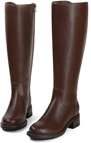 USIMAD Women's Knee High Boots Low Chunky Heel Side Zipper Comfortable Wide Calf Riding Long Boots for Women, Brown, 5.5 UK
