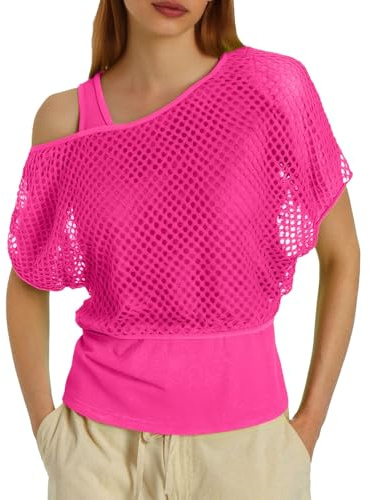 Générique T-Shirt en Maille pour Femme Tenue des années 80 pour Le Fête à thème Haut en Maille Haut d'été Résille Fluo avec Épaules Dénudées pour Rétro Disco Costume Fête