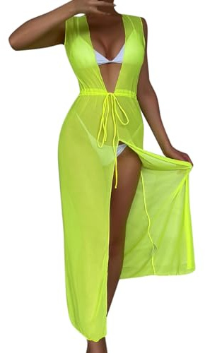 Generisk strandklänning för kvinnor, knutnät, kläder utan underkläder, V-ringad, split gaffel strandfilt, bikini, shimmery cover – för strandkjol, fransar, GUL, L