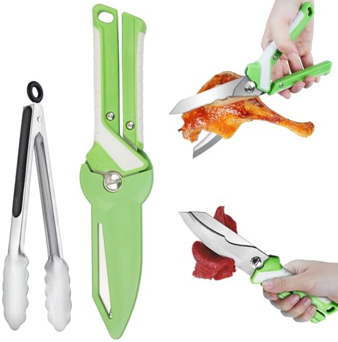 Tijeras de Cocina Alemanas 2 en 1, Tijeras Multifuncionales de Acero Mo-V con Funda Magnética + Pinzas para Barbacoa, Multiusos para Carnes, Aves y Barbacoas, Tijeras Para Aves De Corral, Carne