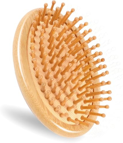Xizhiwan Peine de masaje de bambú, masajeador de cuero cabelludo de madera, peine de bambú portátil redondo, cepillo de pelo antiestático con cojín de aire, mini cepillo de pelo sin mango