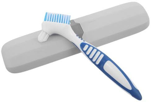 ibasenice Cepillo Limpiador para Dentaduras Postizas y Estuche Portátil Azul Gris, Kit de Limpieza Compacto para Prótesis Dentales, Caja de Almacenamiento de Viaje para Cuidado Bucal