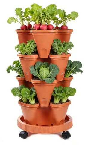 Erconsso Vaso da fiori in terracotta per fragole, 4 ripiani, verticale, con ruote e vassoio inferiore, impilabile, per piantare fragole, verdure, frutta
