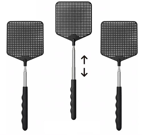 3 Stück Fliegenklatsche Ausziehbar, Fliegenklatsche Schwarz bis 64cm, Fly Swatter, Fliegenpatsche Zur Bekämpfung von Fliegen, Mücken und Schädlingen, Fliegen Klatsche für Innen und Garten