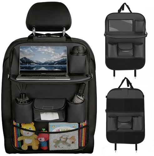 Organizador Asiento Coche de Cuero Sintético, Protector Respaldo Asiento Coche con Bandeja Plegable, Organizador Trasero Coche Impermeable con 7 Bolsillos para Tablet Juguetes Libros Botellas (Negro)