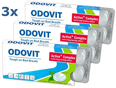 ODOVIT bekämpft schlechten Atem - 3x Mundpflege-Bonbons 10er - Stark gegen Mundgeruch - angenehmer Geschmack - für nachhaltig frischen Atem - wie Mundwasser zum Mitnehmen
