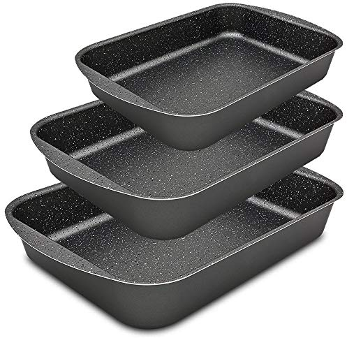 Menax Focus - Set di 3 Teglie da Forno con Rivestimento Antiaderente - Lasagnera - Rostiera Rettangolare in Alluminio