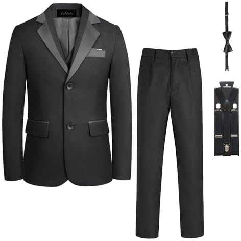 LOLANTA Boys Page Boy Suit Tuxedo - Formal Slim Fit Suit for Weddings, Christenings & Parties, 5 Piece Set Includes Blazer Waistcoat Trousers Bow Tie Braces(5-6 yrs,Black,Tag 120)
