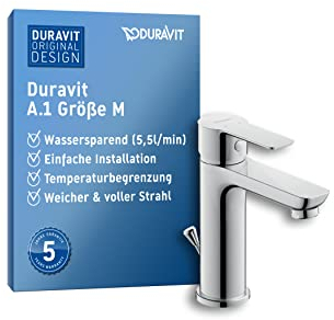 Duravit A.1 Waschtischarmatur, Größe M (Auslauf Höhe 109 mm), Wasserhahn Bad mit Zugstangen-Ablaufgarnitur, Waschbecken Armatur, Chrom