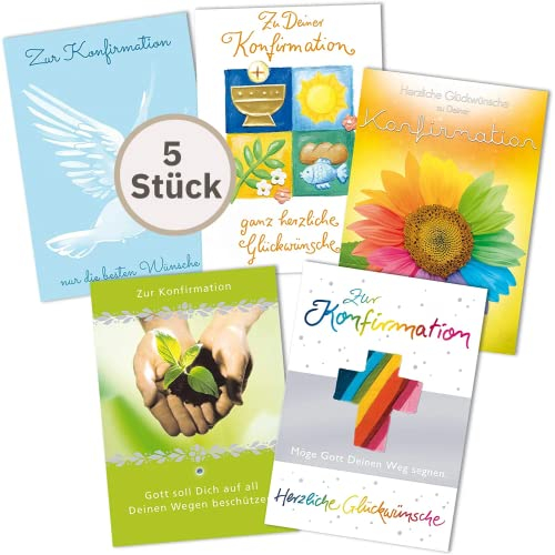Perleberg 5 Karten zur Konfirmation - Kartenset Konfirmation - Konfirmationskarten Set mit verschiedenen Motiven - Glückwunschkarten mit farblich passendem Umschlag in 11,6 x 16,6 cm