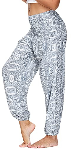 Nuofengkudu Damen Hippie Haremshose Yogahose mit Taschen Thai High Waist Yoga Hosen Leichte Dünn Boho Ethno Muster Strand Sommerhose Pumphose Freizeithose Einheitsgröße Y-Weiß