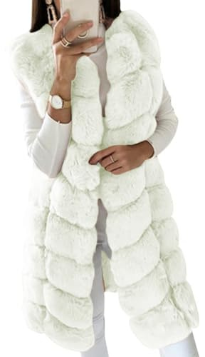 ORANDESIGNE Femmes Fausse Fourrure Longue Veste Shaggy Gilet sans Manches Casual Fausse Fourrure Gilet Femme Hiver Chaud Manteau sans Manche Casual Fluffy Veste Manteau A Beige XL