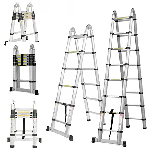 Échelle télescopique pliante - 1,9 + 1,9 m - En aluminium - Antidérapante - Extensible - Multi-usage - Stabilisateur - Charge maximale : 150 kg - EN131
