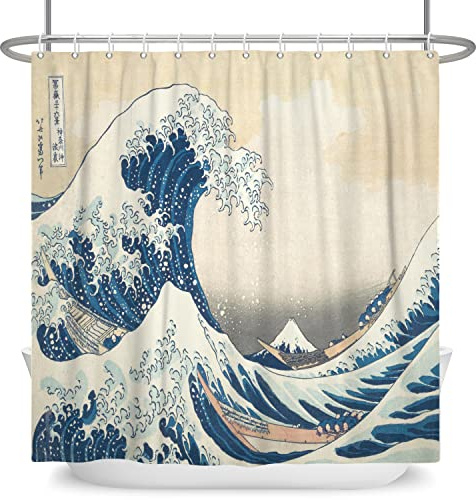 SDOTPMT 122x183cm Japonés Océano Ondas Cortina de Ducha Abstracto Mar Ola De Madera Barco Cortina de baño Ukiyo-e Tema Fuji Montaña Cortina bañera para Baño Poliéster con Ganchos
