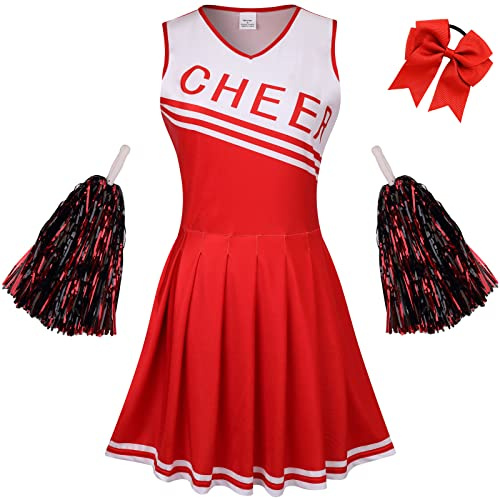 GRAJTCIN Girls Cheerleader Costume Dress for Kids Halloween Costume 13 Years Cheer Uniform Cheerleading Outfit (160,Red)