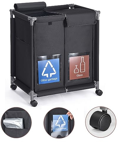 Hivexagon 2 in 1 Garbage Recycle Sorting Basket,2 Cover Top Compartments with Wheels,2 Front Transparent Display Pockets 110L Large Capacity Perfect for Kitchen Office