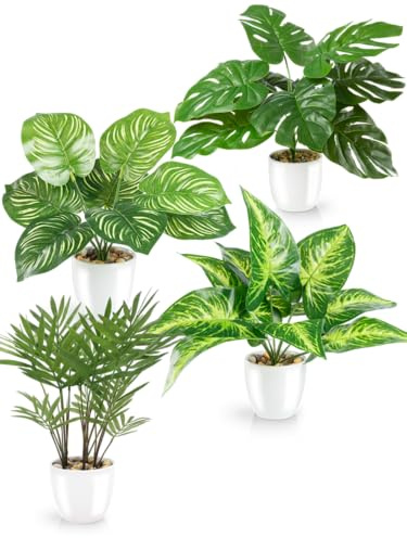 PASCH® Set di 4 piante artificiali tropicali come reali (25 cm) in vasi di ceramica bianchi: tra cui Monstera artificiale e Areca palma artificiale | piante artificiali in vaso | Fake Plant | fiori