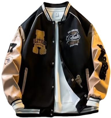 YeGang Chaquetas universitarias para hombre, chaqueta bomber universitaria, sudadera vintage, casual, unisex, ropa urbana Y2K, abrigos de gran tamaño con mangas de piel sintética, Negro, L