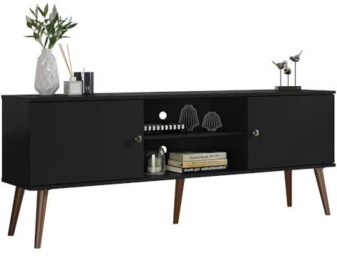Madesa TV-Ständer Mid-Century Konsole mit 2 Türen und 2 Ablagen und Metallknöpfen für 55, 65 Zoll Medien Speicher Medienkonsole Entertainment Center Holz Fernsehschrank - Schwarz