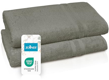 ZOLLNER 2er Set Saunatücher in 70x180 cm - Flauschige Handtücher aus Baumwolle - mit moderner Streifenbordüre - bis 60°C waschbar - mit praktischem Aufhänger - in Taupe - Hotelqualität