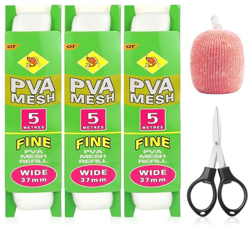Annyswit 3 Stück 5m PVA Netz Angeln Nachfüllung mit Schere 25/37 mm PVA Beutel Angeln Mesh Karpfen Zubehör Schnell Schmelzend Bags für Boilie Feste Köder Futter