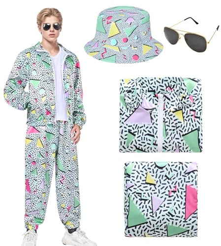 HarnyLoom Deguisement Année 80 90 Homme Costume Rétro Femme Disco Hippie Tenue Survêtement Veste Pantalon Accessoire Chapeau de Pêcheur Floral Lunettes Carnaval Halloween Adulte