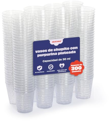 MATANA 300 Plastic Shot Glasses 30ml Silver Glitter - Reusable Shot Cups