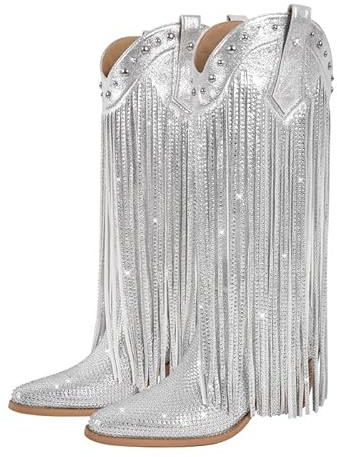 Silver Western Cowgirl Cowboy Boots Wide Calf Boots with Fringes Pull On Mid Calf Boots with Tassels Almond Pointed Toe Chunky Block Heels Motorcycle Riding Boots Studded Rivets Punk Boots Size 8