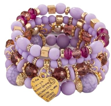 HUFFA Bracelet Multicouche de Style Folklorique bohème avec Perles en Cristal et cœur de pêche for Femme(Lightpurple)