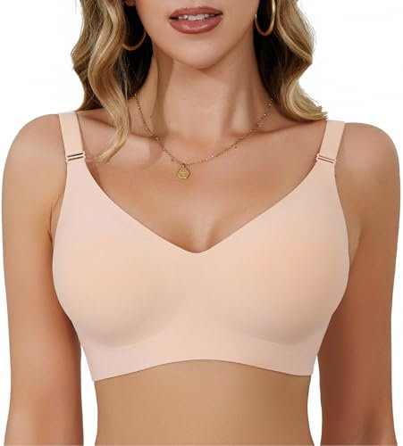 Kfnire Women's Bra Deep V Wirefree Push Up Seamless Bra Full Coverage Soft Support Bra Bralettes for Women Every Day T-Shirt Bra with Extender Beige