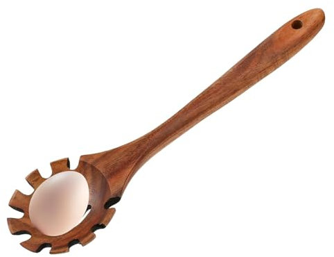 Cuchara para servir pasta, cuchara de espaguetis de madera, cuchara de pasta ranurada para cocinar y servir | Cuchara de madera para fideos con mango largo, cuchara coladora de pasta con agujero