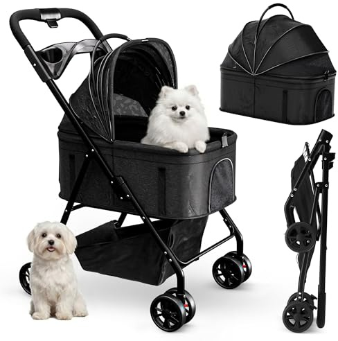 AdventEdge Pet Stroller 3 in 1 Foldable Dog Stroller, Cat Strollers, Foldable pet Strollers & Cat Carrier, Pet Carrier, Lightweight with Cup Holder, Waterproof & Breathable Mesh Canopy