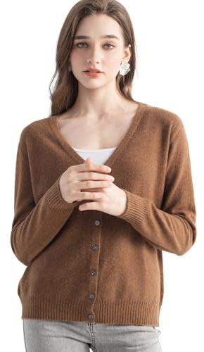 Chanyarn Women's 100% Pure Cashmere Cardigan V-Neck Long Sleeve 2025 Fall Winter Warm Soft Knit Cardigan Sweater (Red Brown26078,XL)