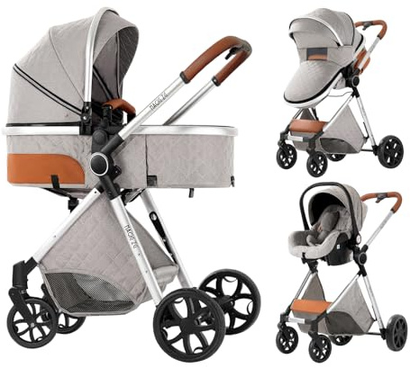 Cochecito de bebé 3 en 1 para recién nacidos y bebés, con capazo, toldo ajustable de 0 a 36 meses (gris claro)