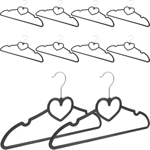 PAMINGONO 10 Grucce Antiscivolo in Plastica Nera a Forma di Cuore, Grucce Spesse per Cappotti Pesanti, Set da 10 Pezzi Salvaspazio per Organizzazione Abiti e Lavanderia