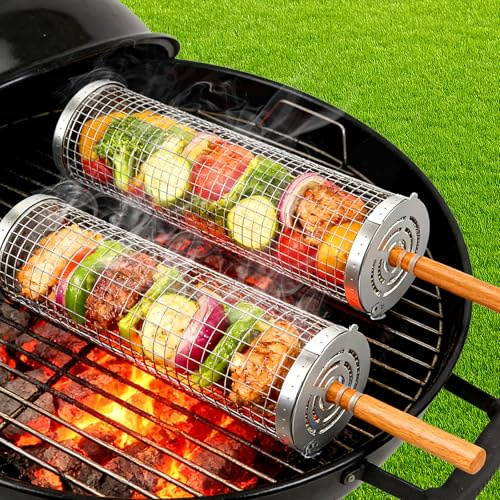 Juego de Cestas de Parrilla de Acero Inoxidable con Mango de Madera - 2 Cestas de Barbacoa Giratorias y Plegables, 31x10cm + 30x9cm, para Verduras, Carne, Pescado en Parrilla y Fogata