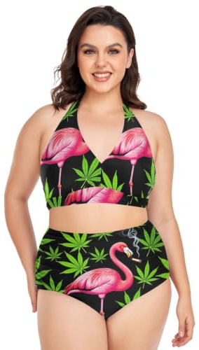 Bikiniset för kvinnor plus size justerbar flamingo fågel rökning cannabis grimma bikini hög midja baddräkter 2