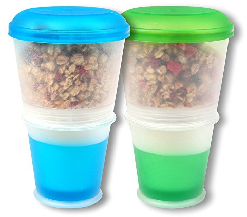 Schramm® 2er Pack Joghurtbecher to go Müsli-to-Go Müslibecher mit integriertem Kühlfach und Löffel Müslischale Joghurt Becher Müslibehälter Joghurtbehälter für unterwegs