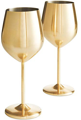 VonShef Brushed Gold Wine Glasses - Set of 2 475ml Shatterproof Wine glasses - Stemmed cocktail Glasses with Gift Box for Rosé, Red Wine & White Wine - Perfect for Parties & Gatherings