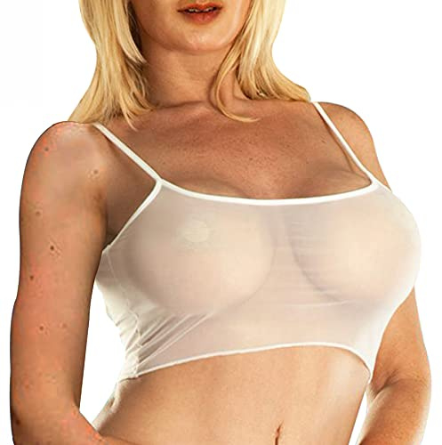 SHERRYLO Sheer Bikini Tops for Women See Through Tank Tops Summer Sleeveless Strap Mesh Sheer When Wet Swimsuit Top Cami Top White
