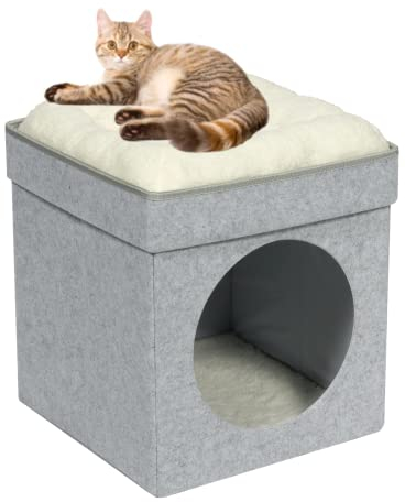 Bonlife Large Cat Beds for Indoor,Felt Pets Tent with Two Move Cushion,Warm Comfortable Semi Enclosed Foldable Cat Hideaway,Light Grey,45X45X50CM
