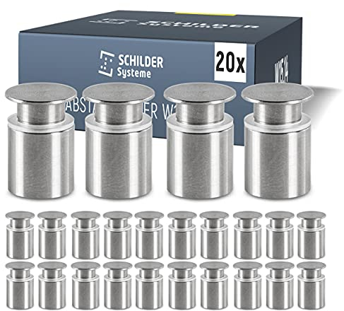 SCHILDER Systeme 20 Stück Edelstahl - Abstandhalter w.15.14 | inkl. Flachkopfschrauben + Dübeln| Schildbefestigung | hochwertiger Glashalter | Klemmhalter