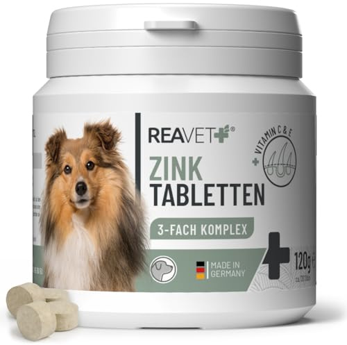 ReaVET Zink tabletter för hundar 120 stycken – hög dos med vitamin C & E, zink tabletter Plus vitaminer för torr hud, håravfall, zink hund för klor och päls