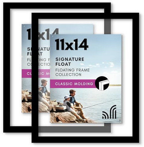 Americanflat 11x14 Floating Picture Frame with Polished Crystal-Clear Glass - Set of 2 - Use as 8x10 Frame or Display 5x7 Photo - Signature Float Collection - Photo Frames for Wall Display - Black