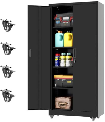 INTERGREAT Metal Storage Cabinet with Wheels, 72 Garage Storage Cabinets with Door and 4 Shelves, Tool Storage Locker on Caster for Home, Office, Black
