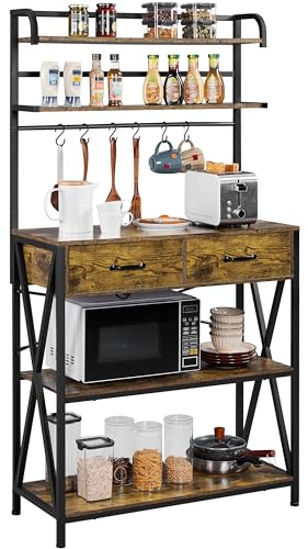 Yaheetech Baker's Rack Kitchen Storage Rack Microwave Oven Stand with 2 Drawers, 5-Tier Shelf and 6 S-Hooks, Industrial Coffee Bar Station, Metal Frame, 90x40x170cm, Rustic Brown